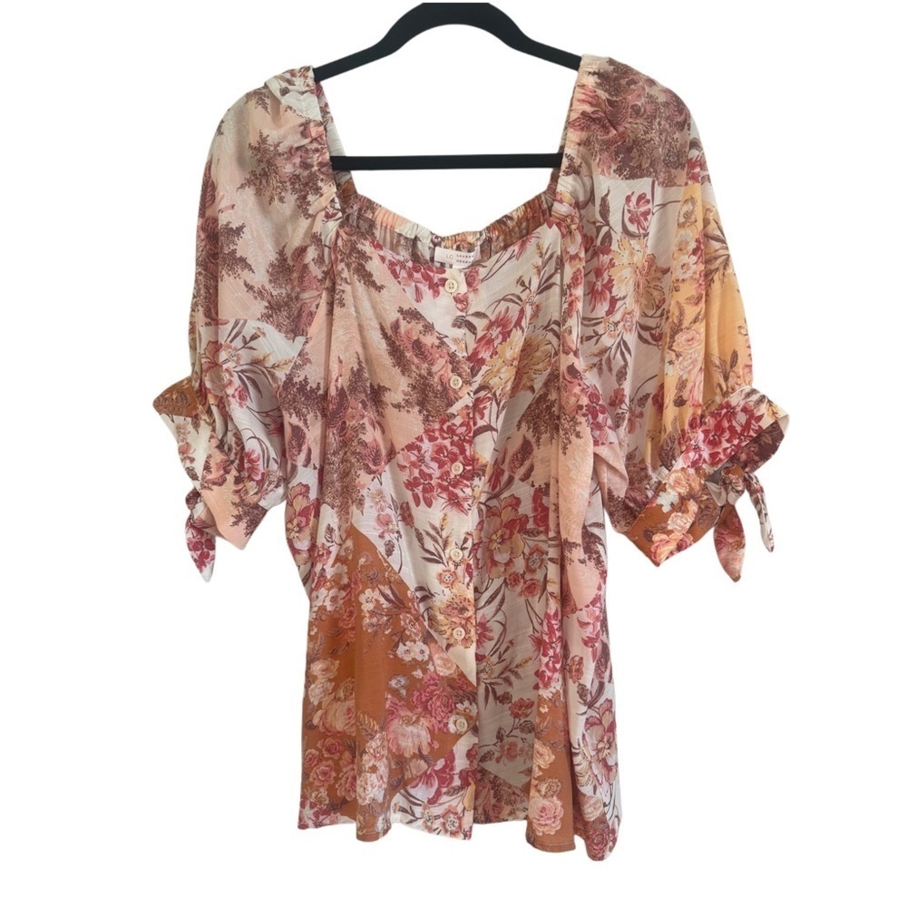 LC Lauren Conrad Pink and Orange Ruffled Puff Sleeve Floral Button Front Blouse